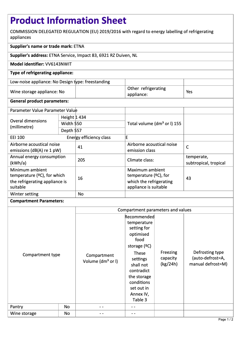 First page image of the manual for VV6143NWIT