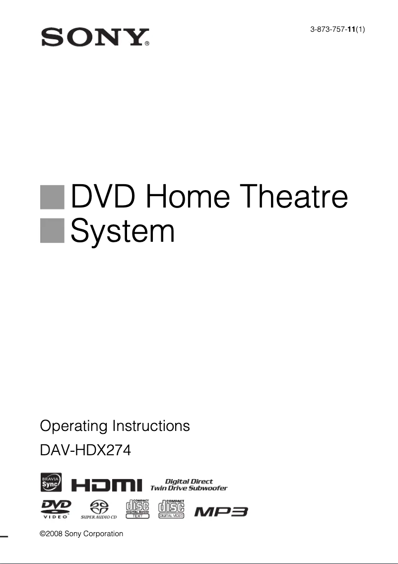 First page image of the manual for DAV-HDX274