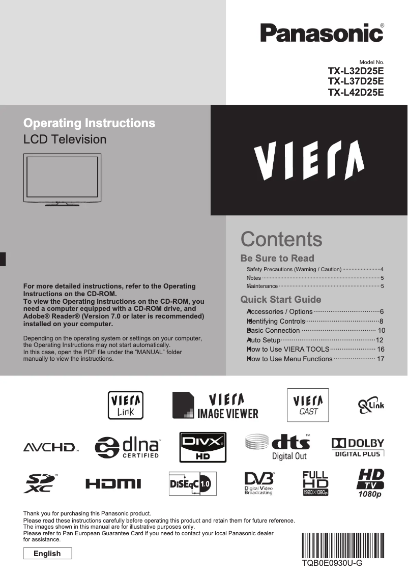 Page 1 of the manual User Manual Panasonic Viera TX-L32D25E