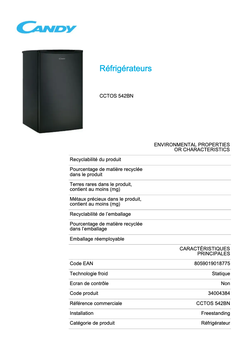 Page 1 of the manual Technical Sheet Candy CCTOS 542BN
