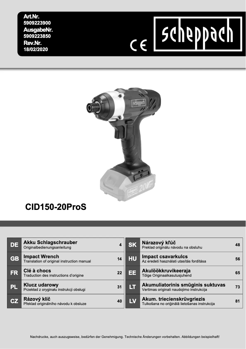 First page image of the manual for CID150-20ProS