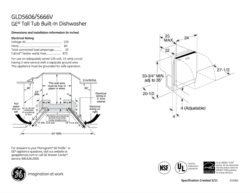Page 1 of the manual Technical Sheet GE GLD5606VBB
