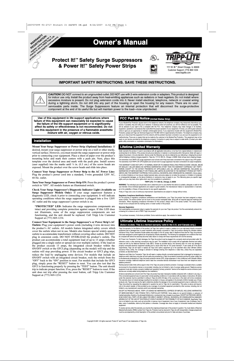 First page image of the manual for Protect It! TLM615SA