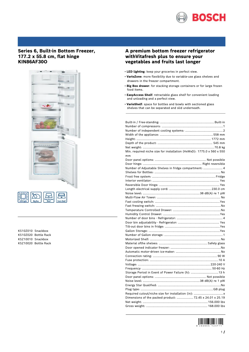 Page 1 of the manual Technical Sheet Bosch KIN86AF30O