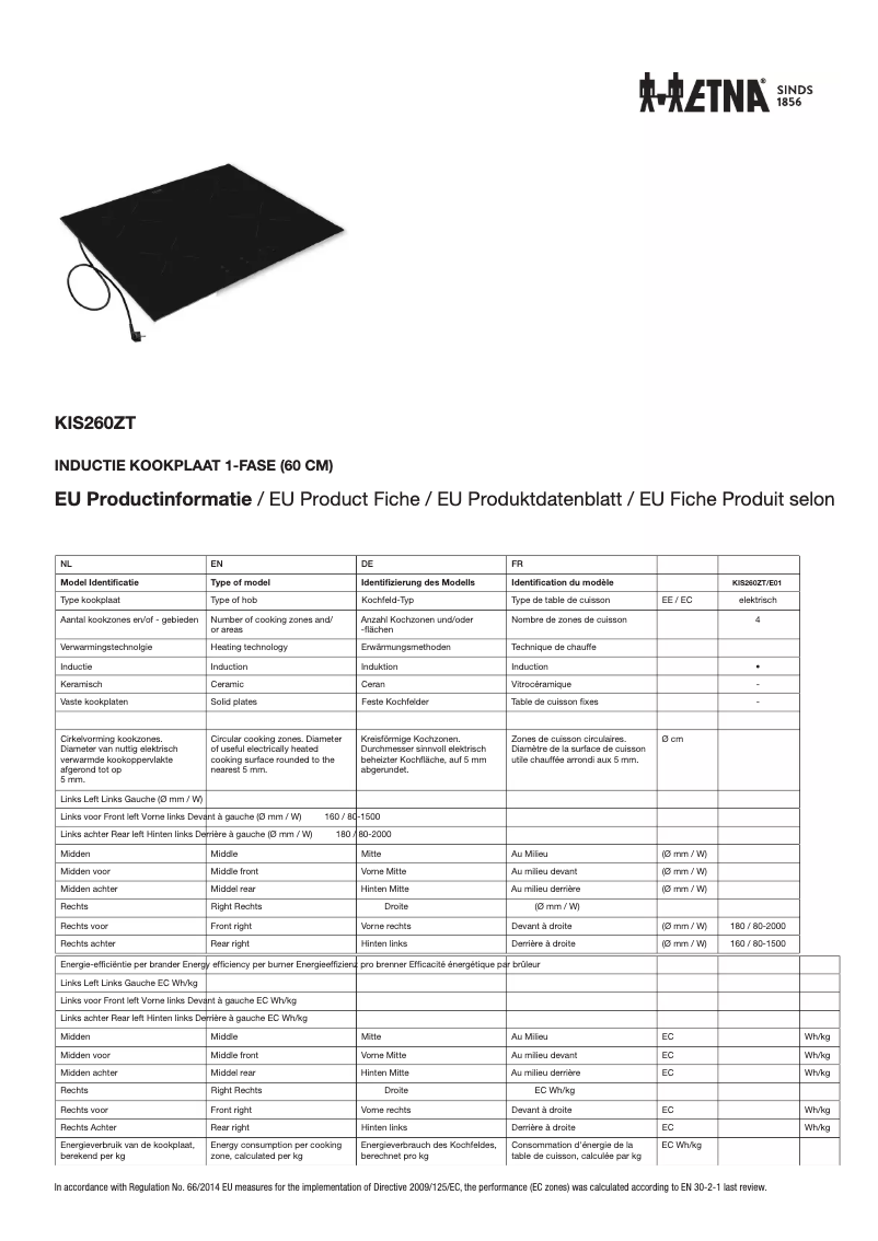Page 1 of the manual Technical Sheet Etna KIS260ZT