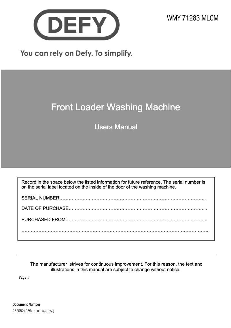 Page 1 of the manual User Manual Defy WMY 71283 MLCM