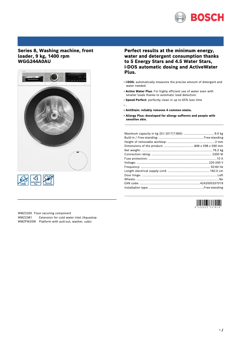 Page 1 of the manual Technical Sheet Bosch WGG244A0AU