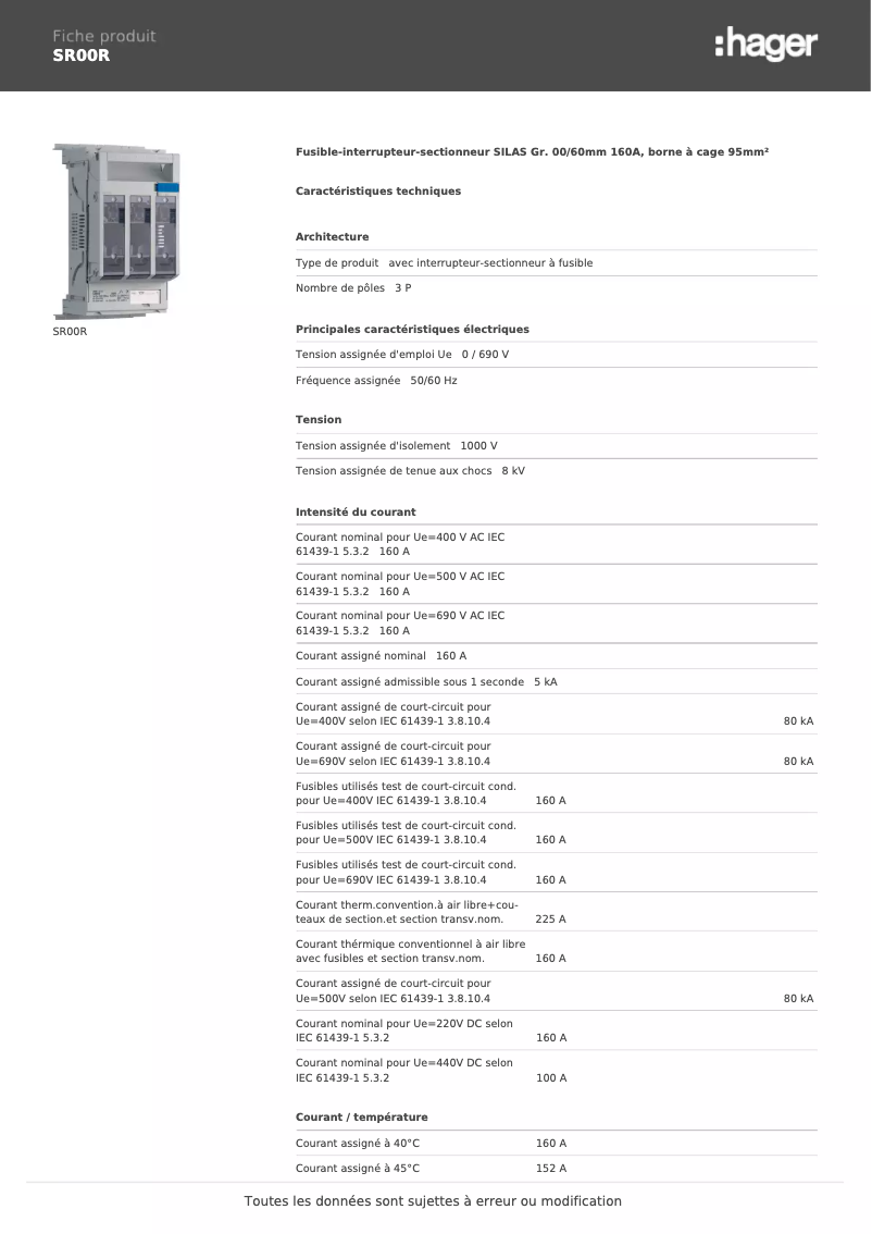 Page 1 of the manual Technical Sheet Hager SR00R
