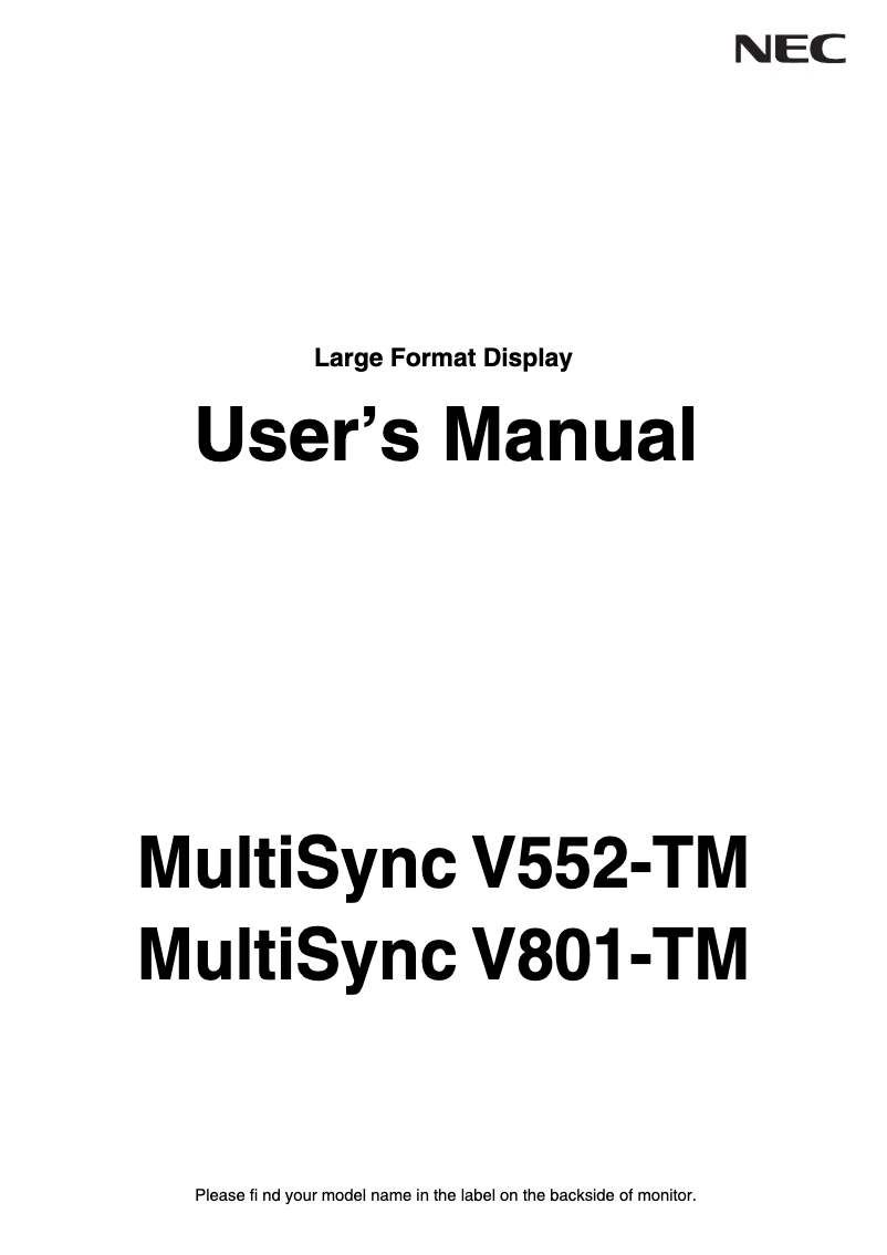 First page image of the manual for MultiSync V801-TM