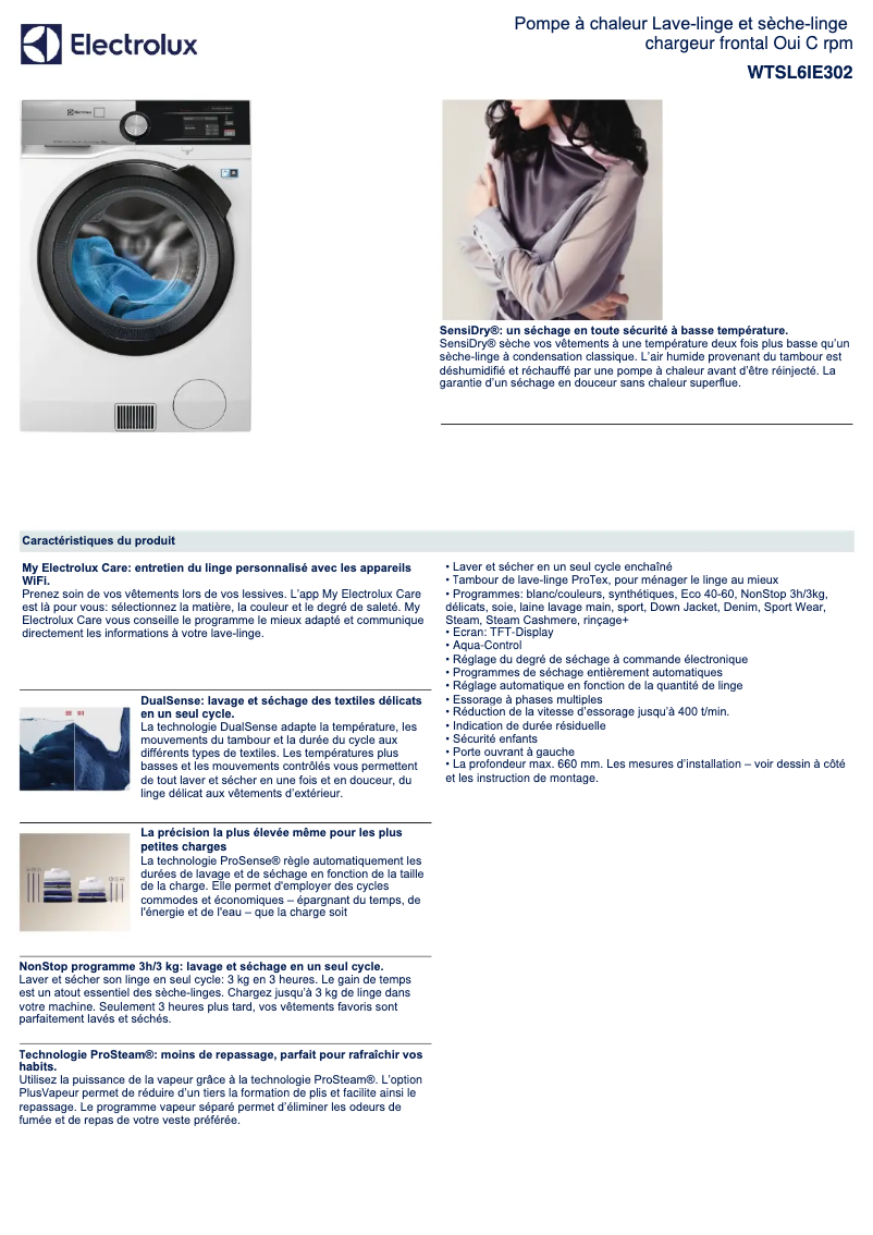 Page 1 of the manual Technical Sheet Electrolux WTSL6IE302
