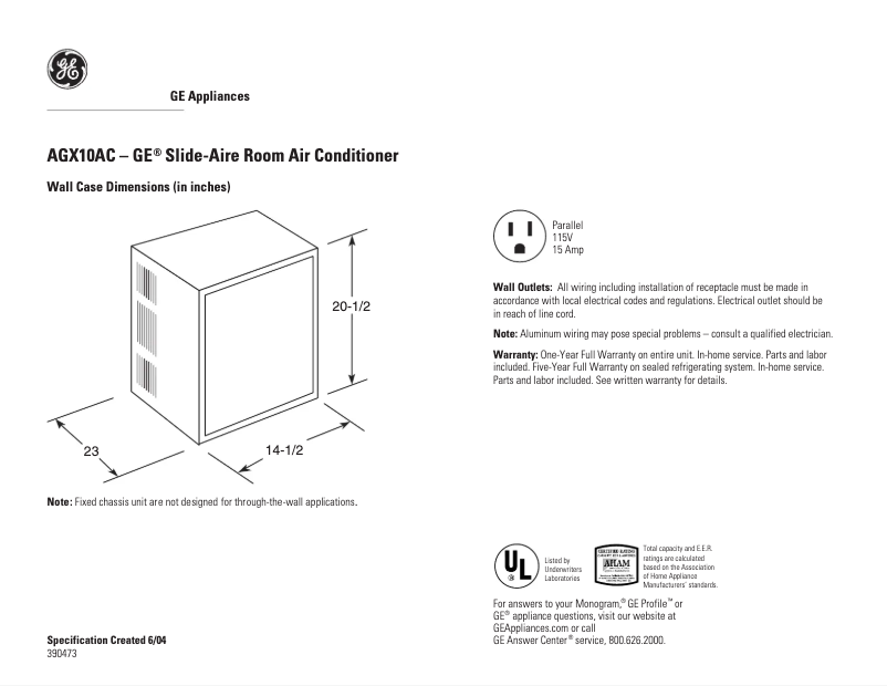 Page 1 of the manual Technical Sheet GE AGX10AC