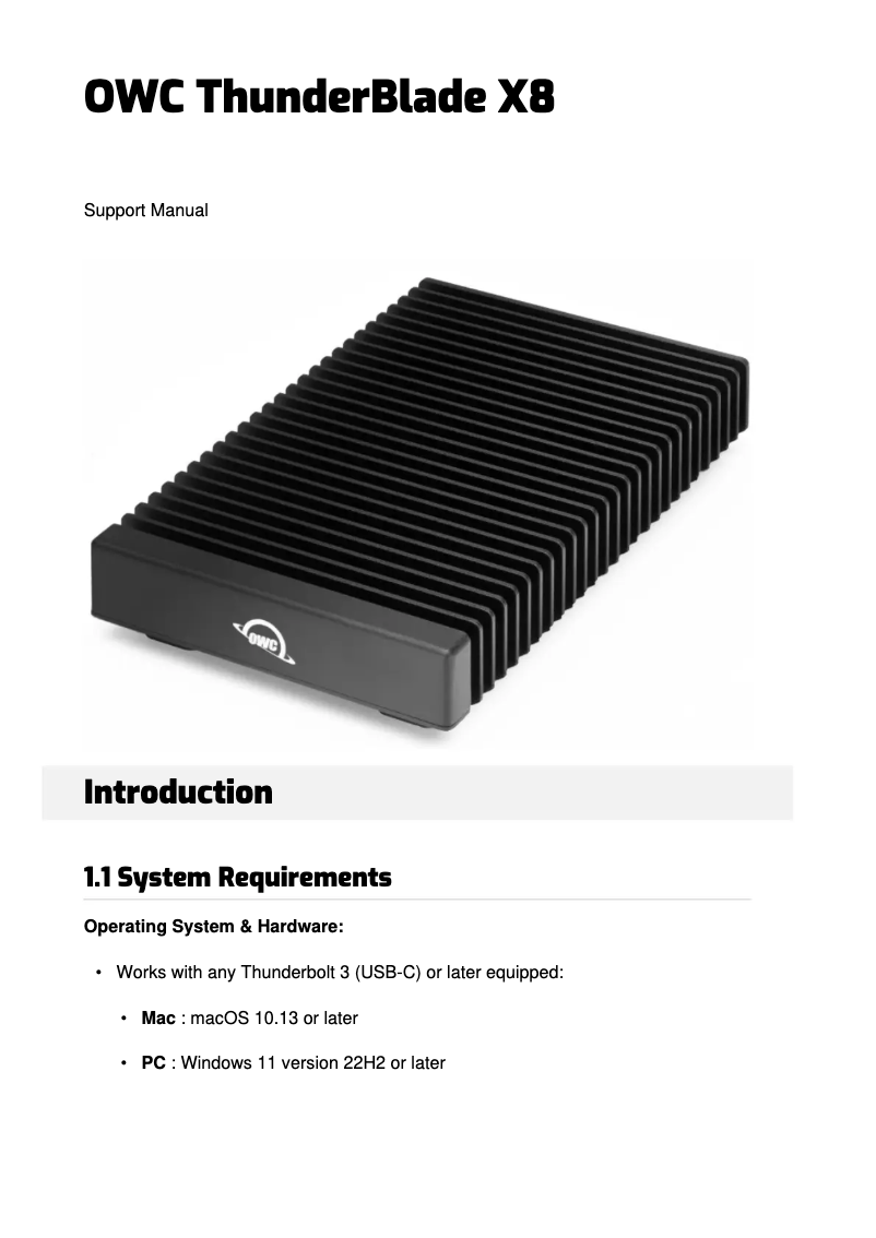 Page 1 of the manual User Manual OWC ThunderBlade X8