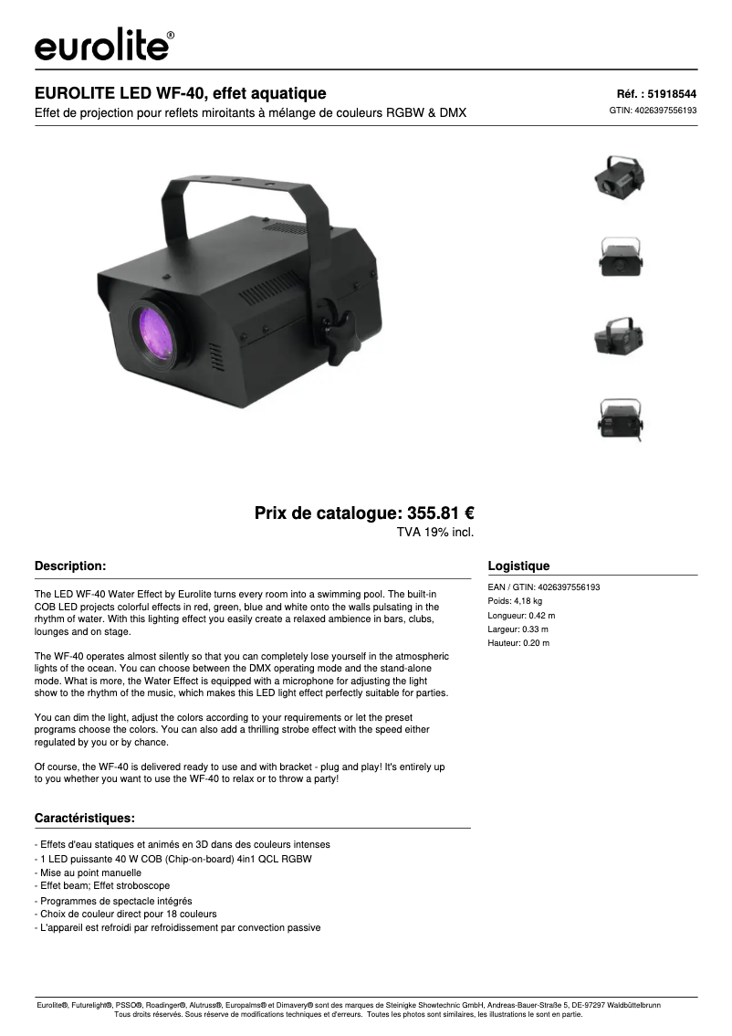Page 1 of the manual Technical Sheet Eurolite LED WF-40
