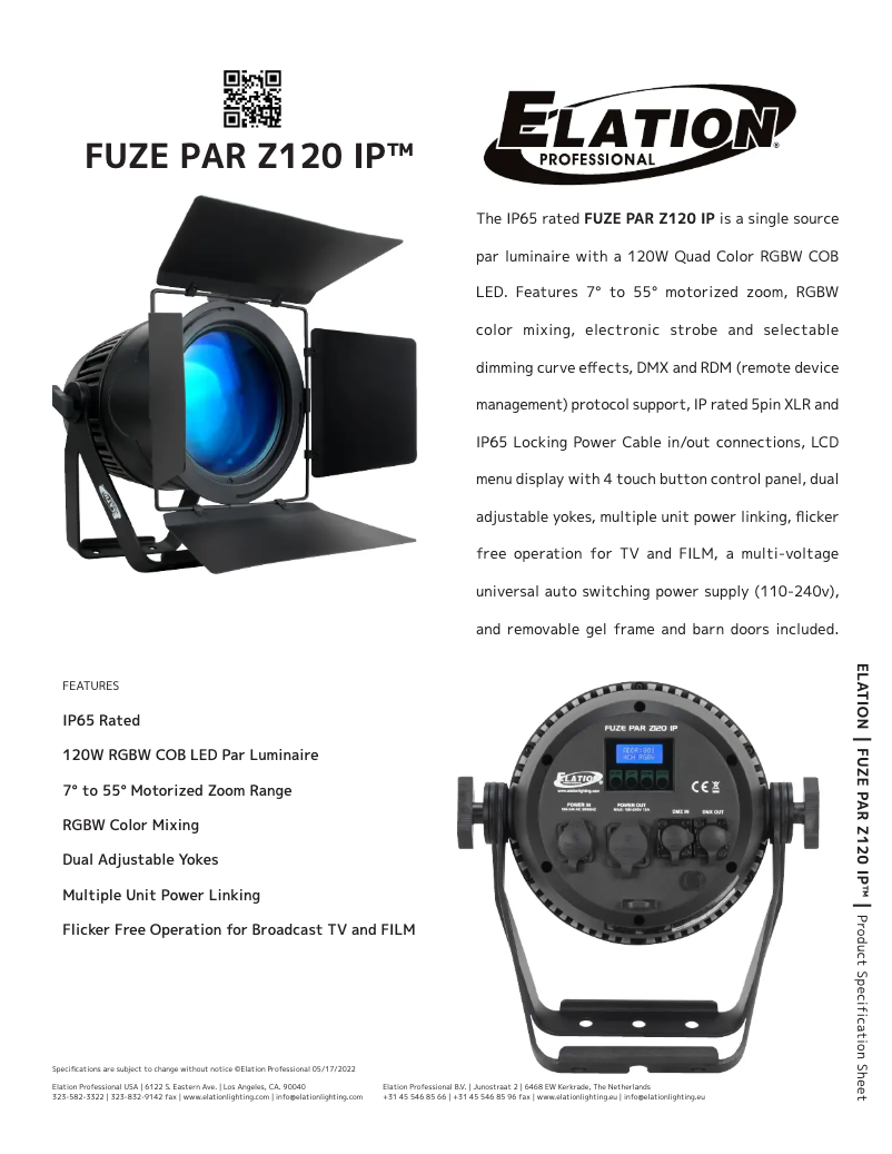 Page 1 de la notice Fiche technique Elation Fuze Par Z120 IP