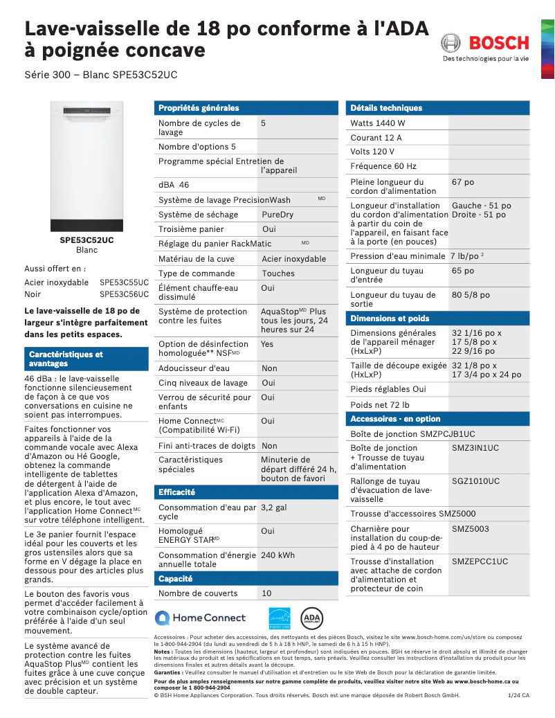 Page 1 of the manual Technical Sheet Bosch SPE53C52UC