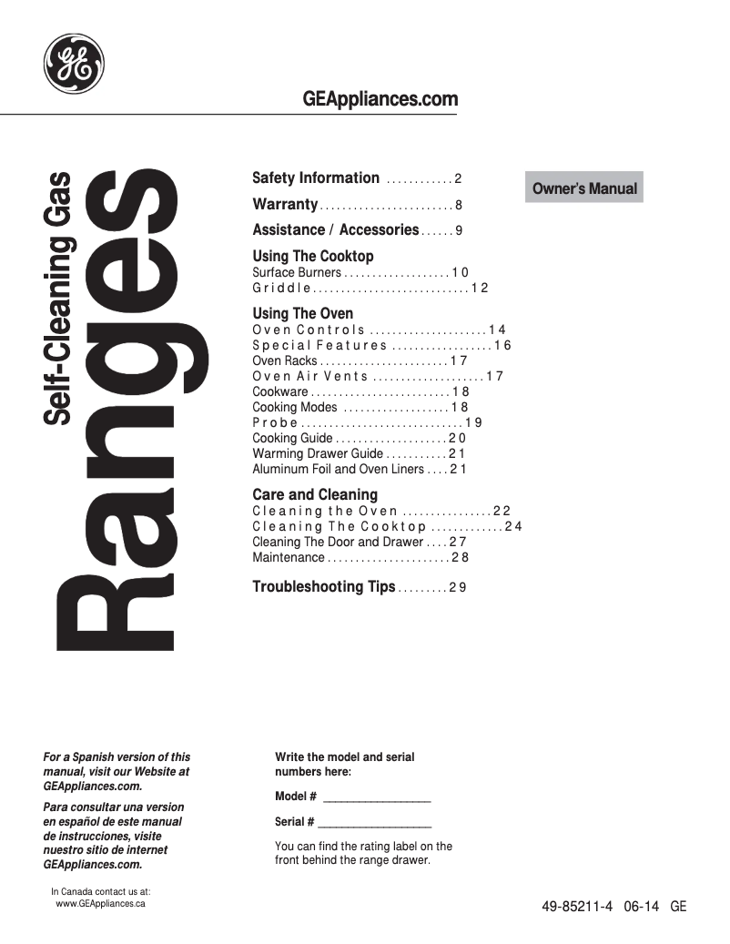 First page image of the manual for Profile PGB920DEFWW