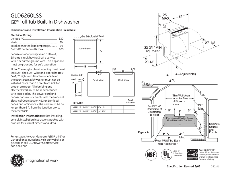 Page 1 of the manual Technical Sheet GE GLD6260LSS