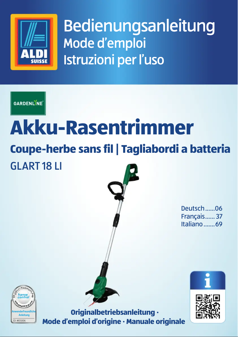 Page 1 of the manual User Manual Gardenline GLART 18 Li