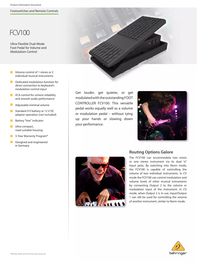 Page 1 of the manual Technical Sheet Behringer Foot Controller FCV100