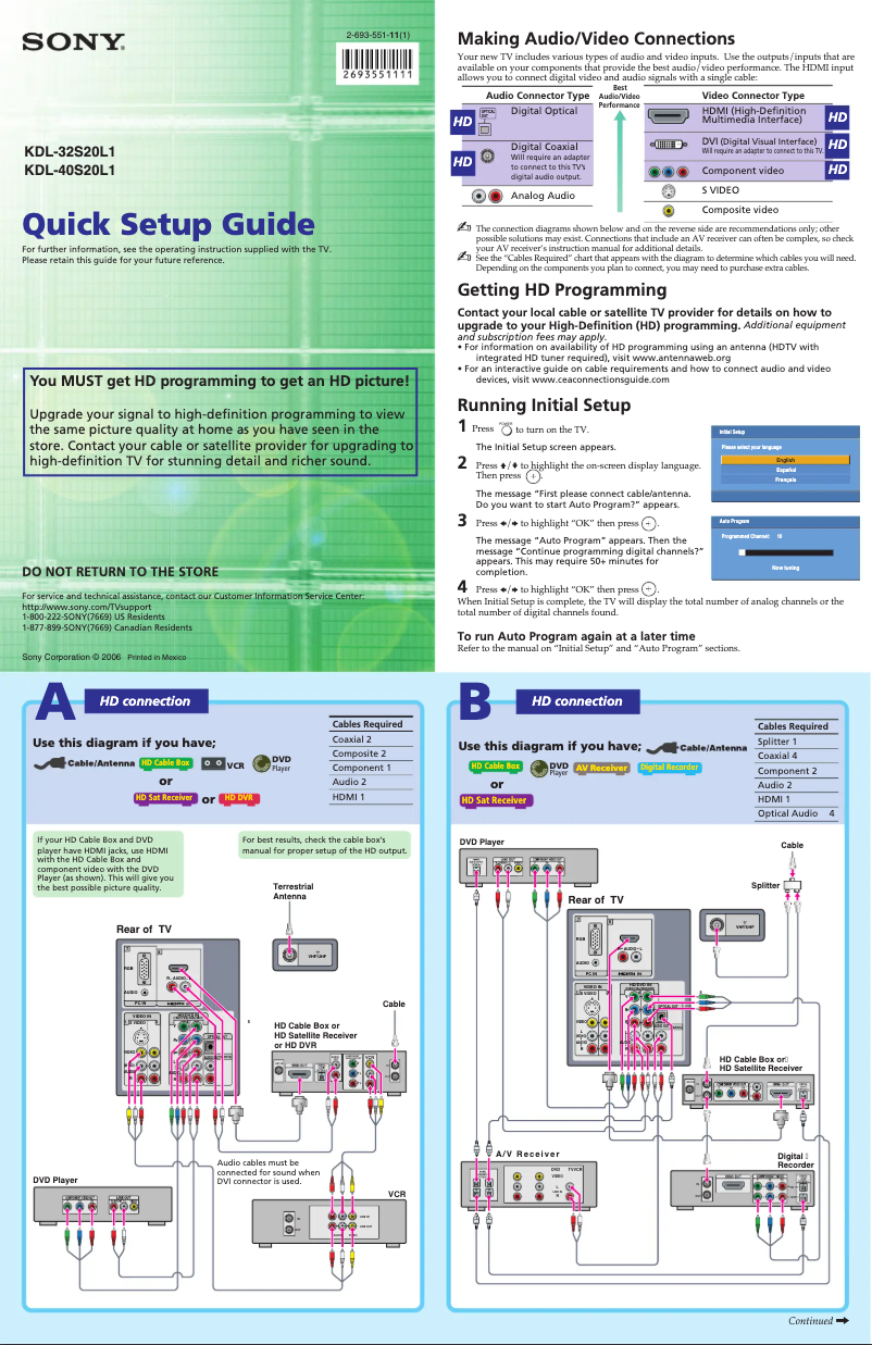 First page image of the manual for Bravia KDL-40S20L1