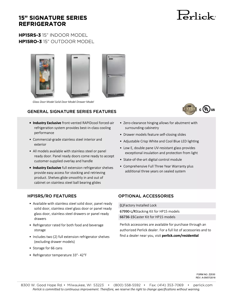 Page 1 of the manual Technical Sheet Perlick Signature Series HP15RS-3-2R