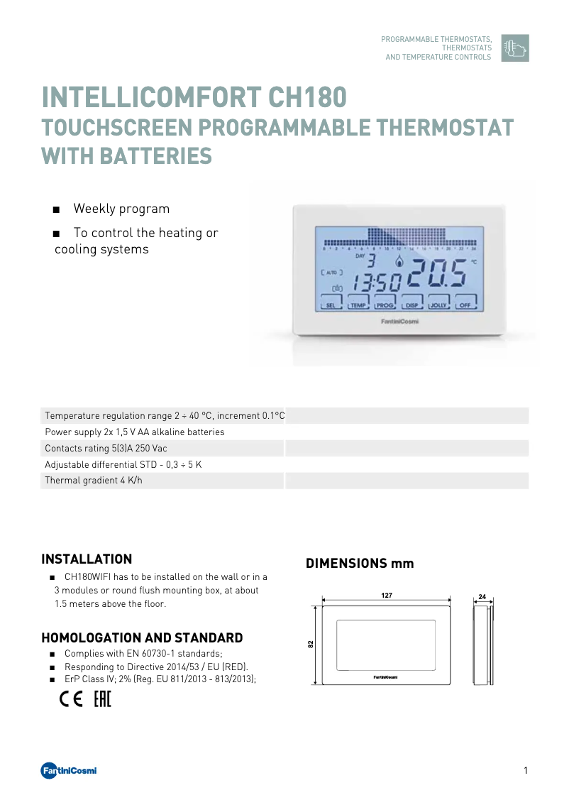 Page 1 of the manual Technical Sheet Fantini Cosmi Intellicomfort CH180