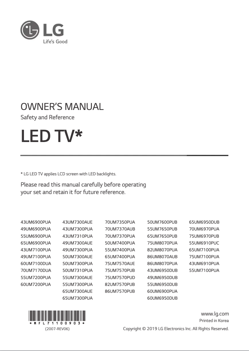First page image of the manual for 55UM7300AUE TV