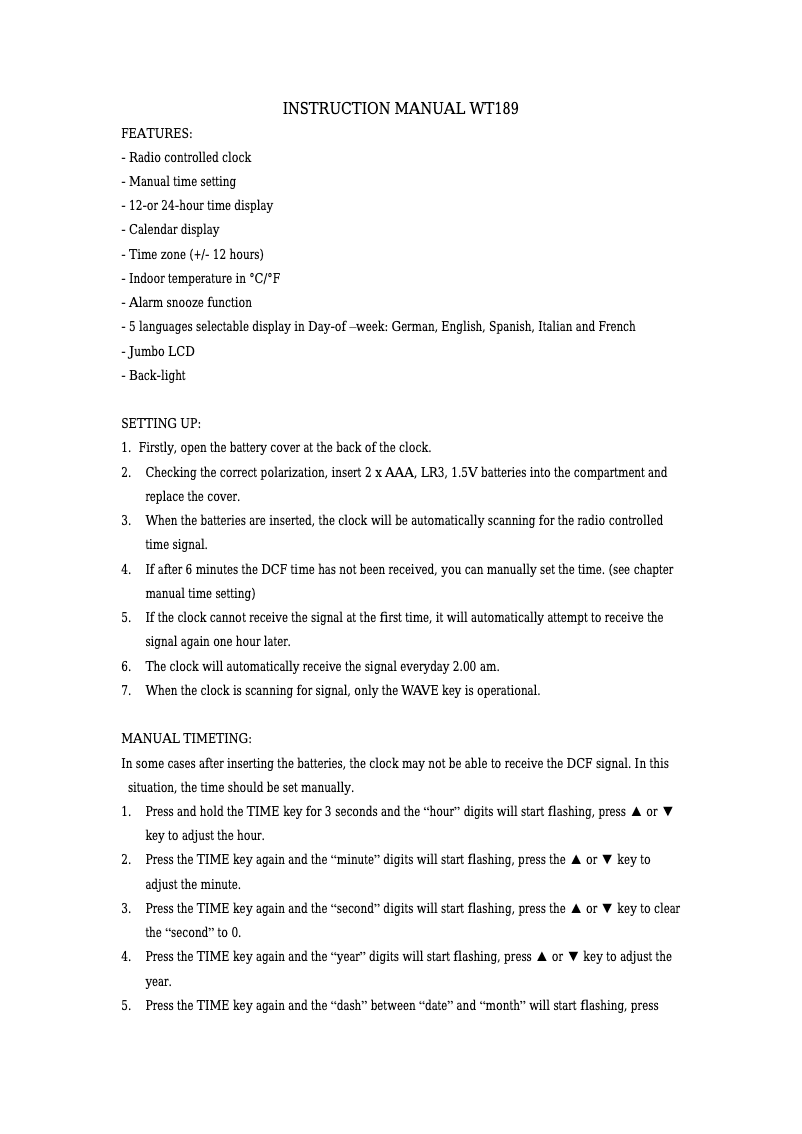 First page image of the manual for WT 189