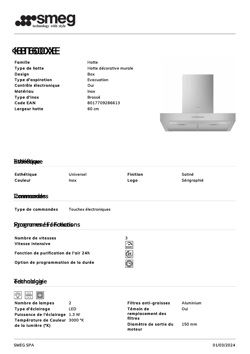 Page 1 of the manual Technical Sheet Smeg KBT600XE