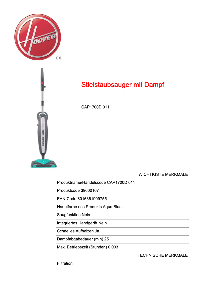 Page 1 of the manual Technical Sheet Hoover CAD1700D 011