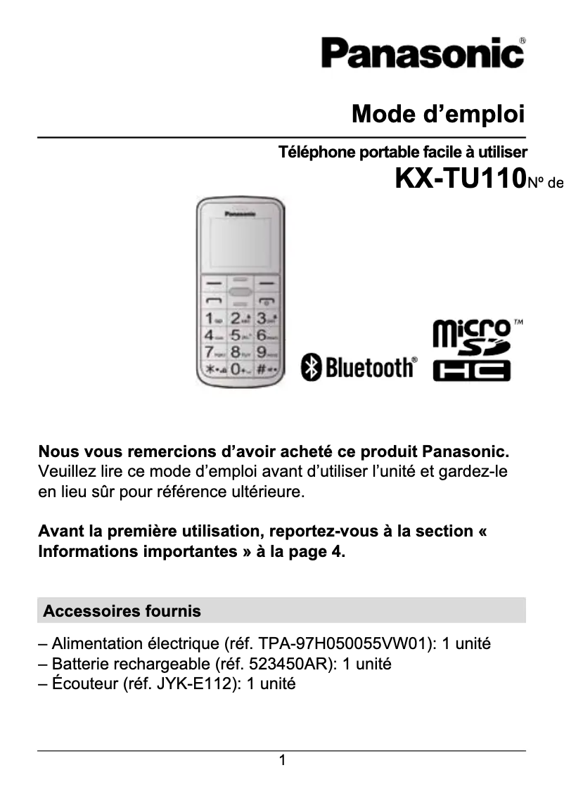 First page image of the manual for KX-TU110
