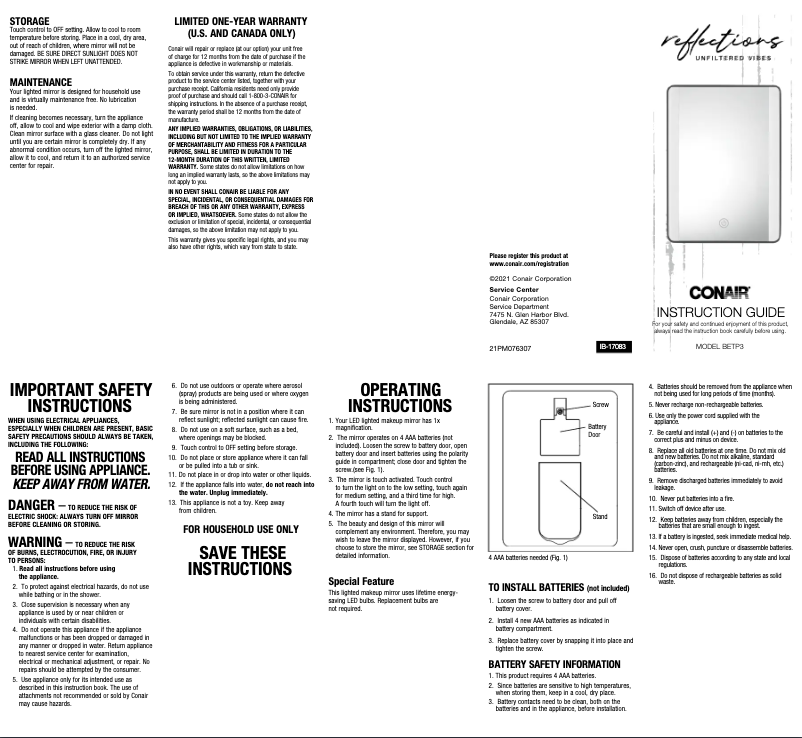 Page 1 of the manual User Manual Conair BETP3