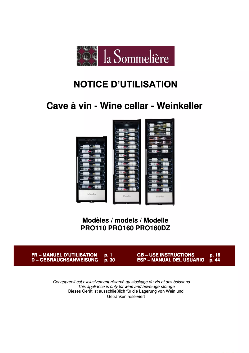 Page 1 of the manual User Manual La Sommelière PRO160