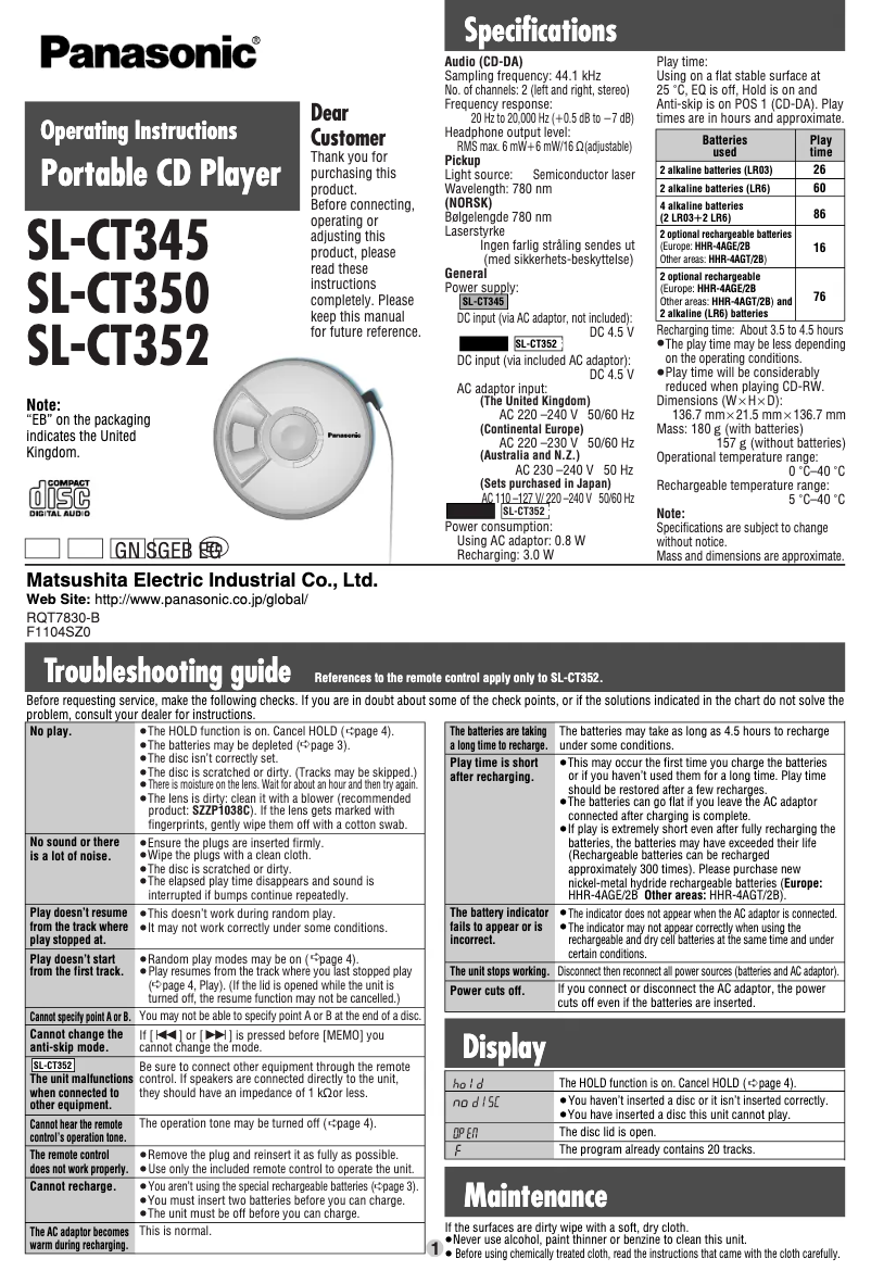 Page 1 of the manual User Manual Panasonic SL-CT352
