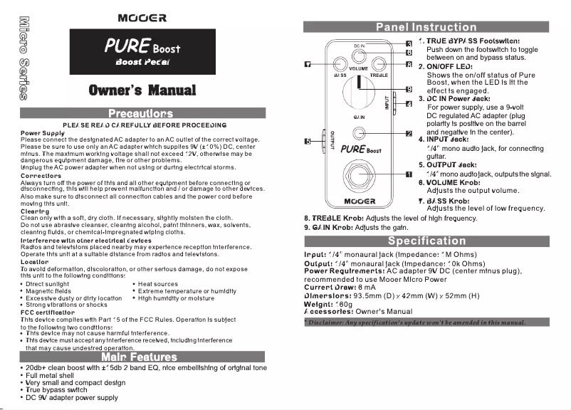 Page 1 of the manual User Manual Mooer Pure Boost
