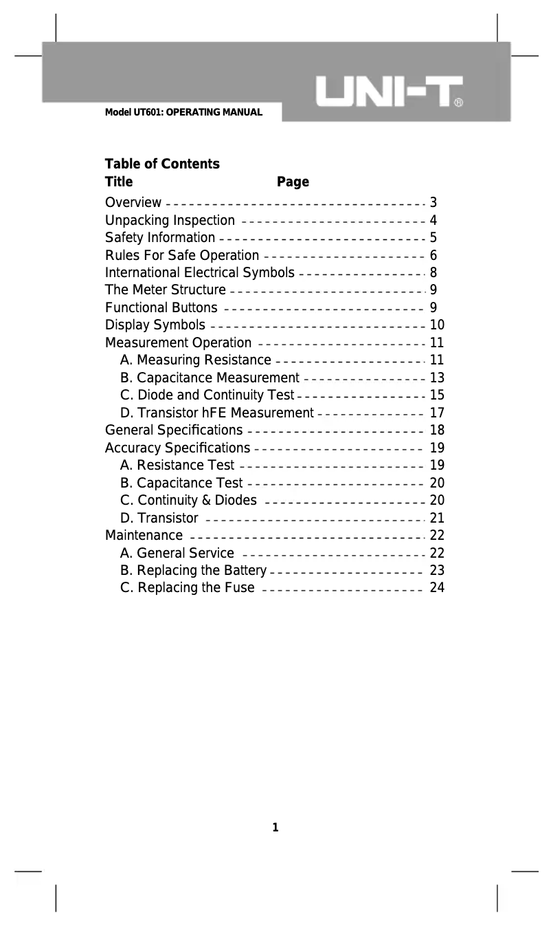 First page image of the manual for UT601