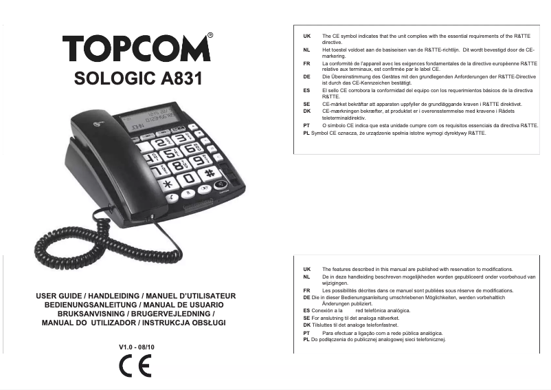 Page 1 of the manual User Manual Topcom Sologic A831