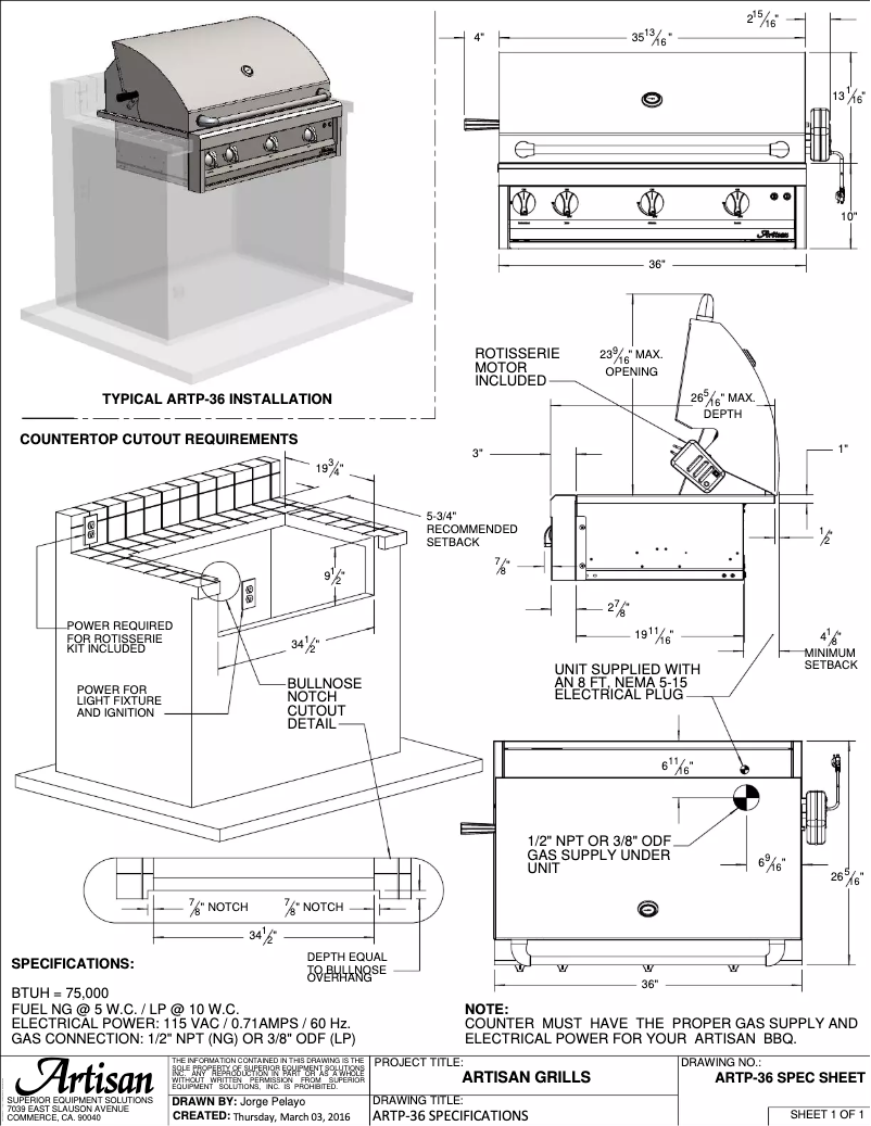Page 1 of the manual Technical Sheet Artisan ARTP-36
