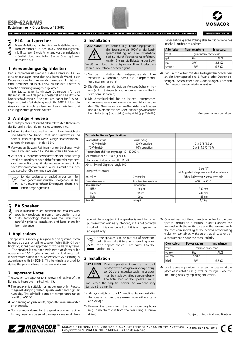 First page image of the manual for ESP-62AB/WS