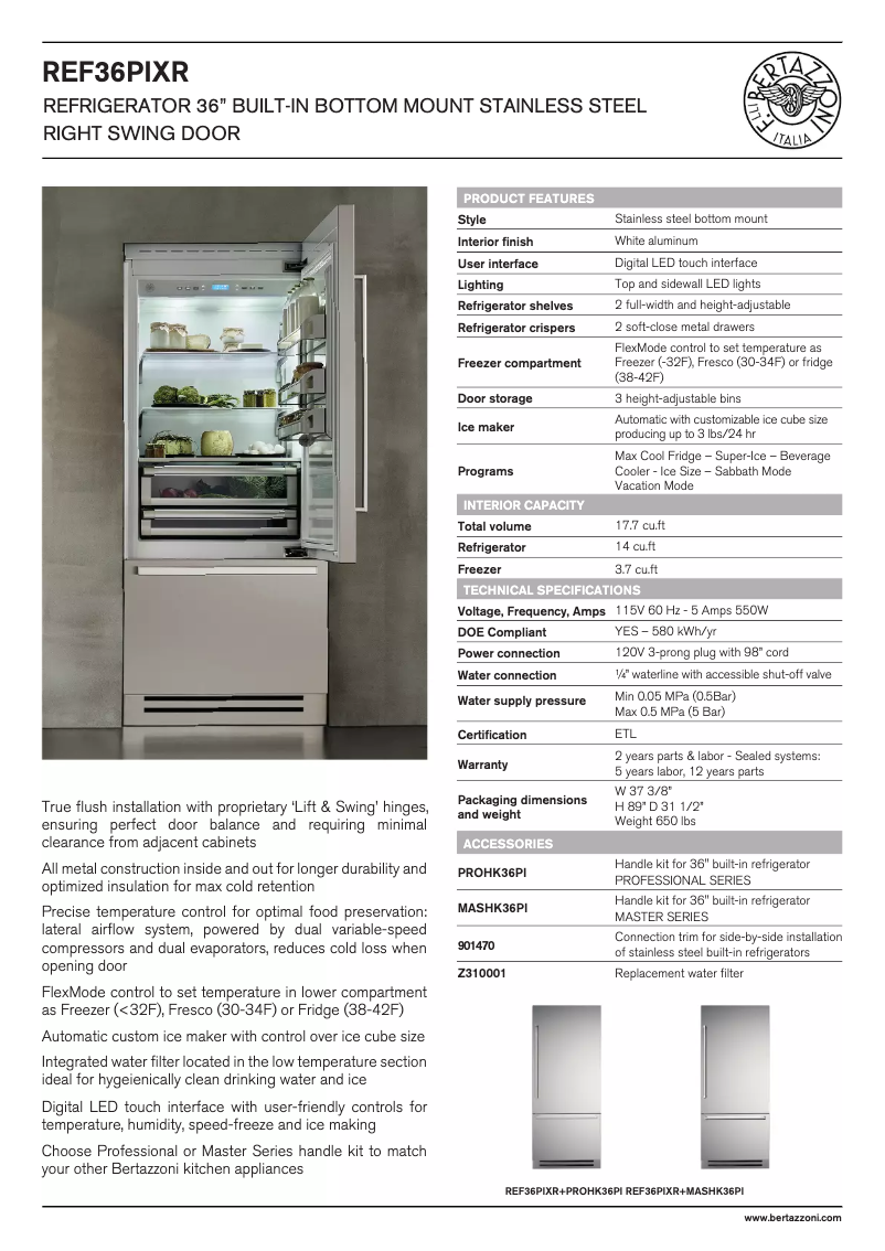 Page 1 of the manual Technical Sheet Bertazzoni REF36PIXR