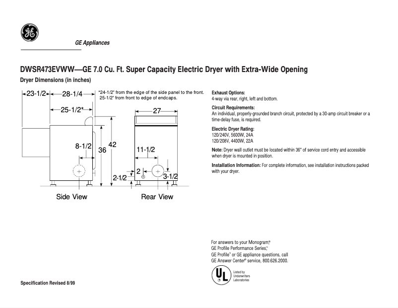 Page 1 of the manual Technical Sheet GE DWSR473EVWW