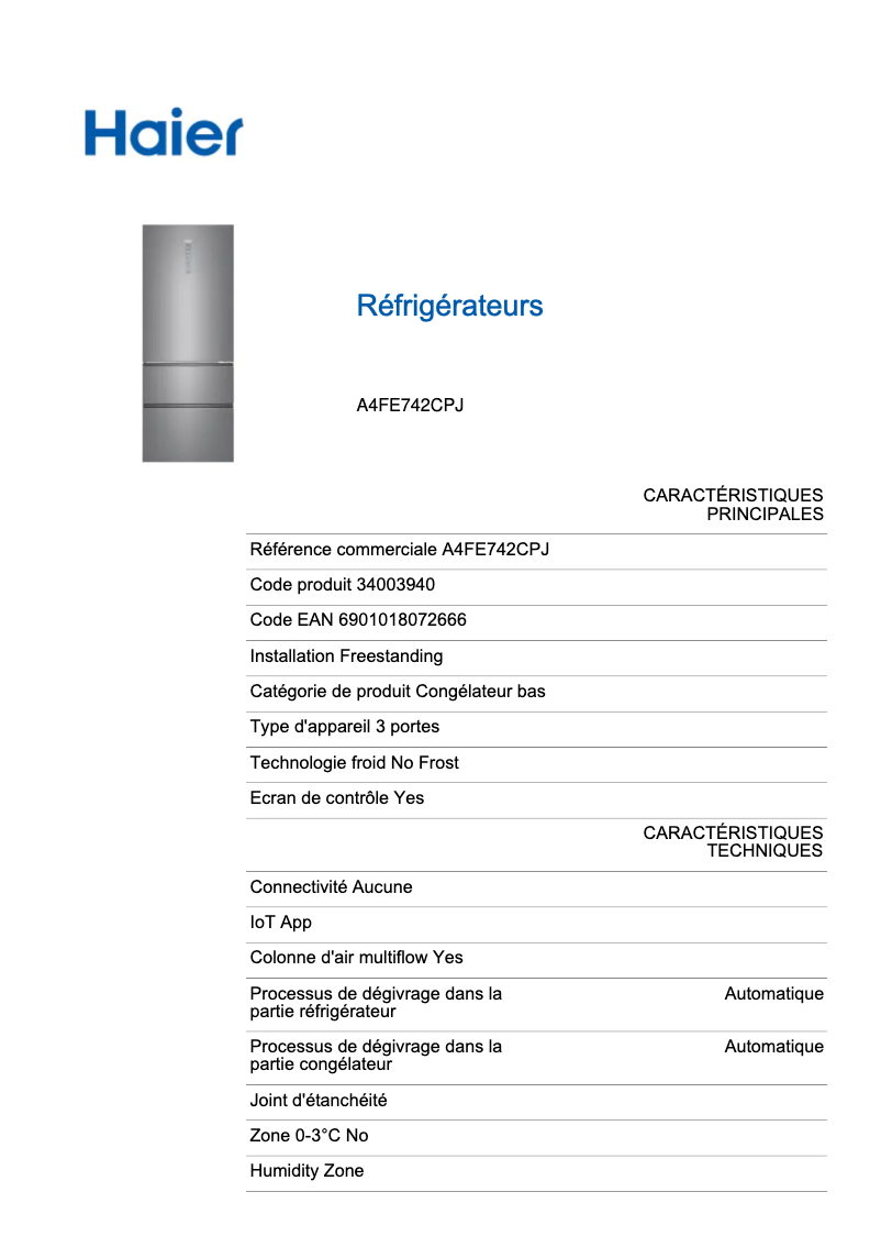 Page 1 of the manual Technical Sheet Haier A4FE742CPJ