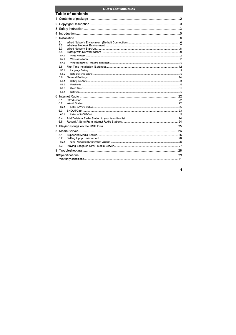 Page 1 of the manual User Manual Odys i-net MusicBox