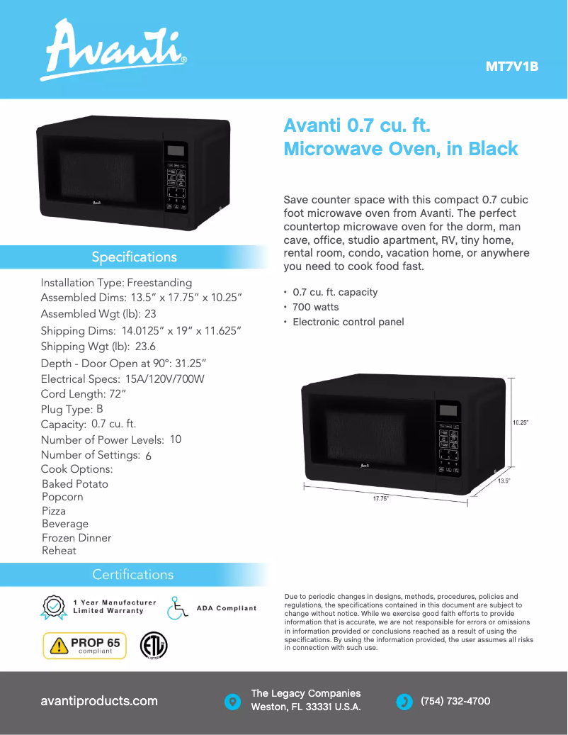 Page 1 of the manual Technical Sheet Avanti MT7V3S