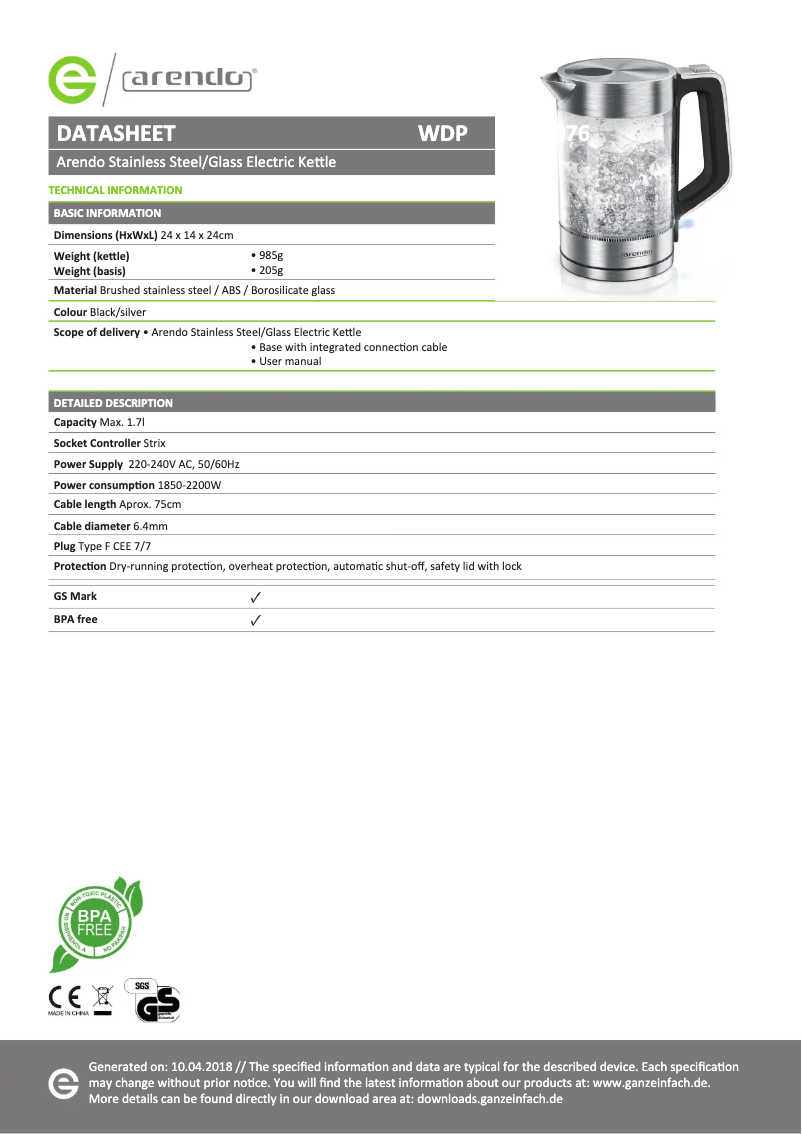 Page 1 of the manual Technical Sheet Arendo Solid 303650