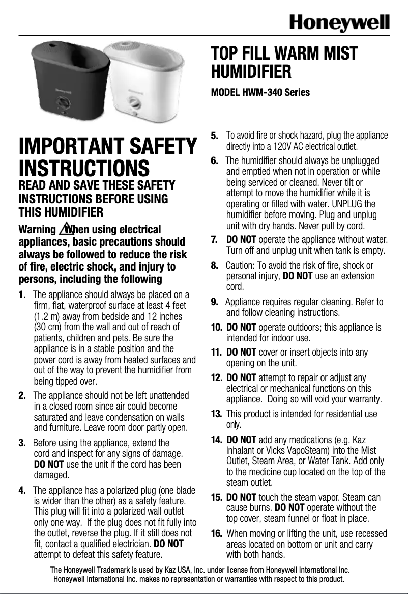 Page 1 of the manual User Manual Honeywell HWM-340