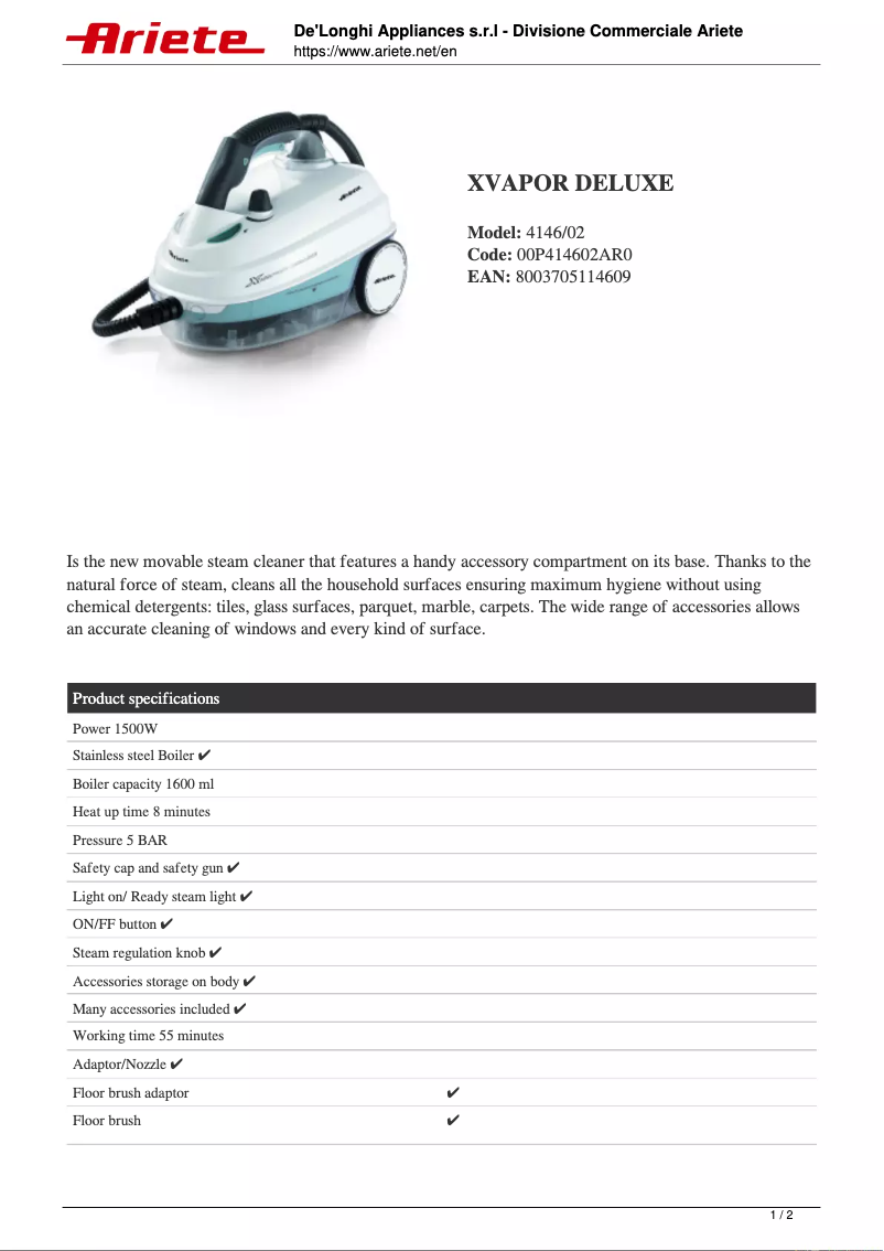 Page 1 of the manual Technical Sheet Ariete XVapor Deluxe 4146