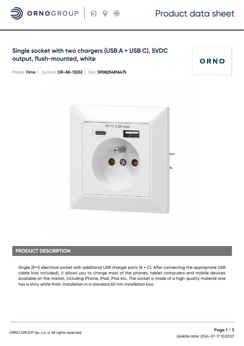 Page 1 of the manual Technical Sheet ORNO OR-AE-13232