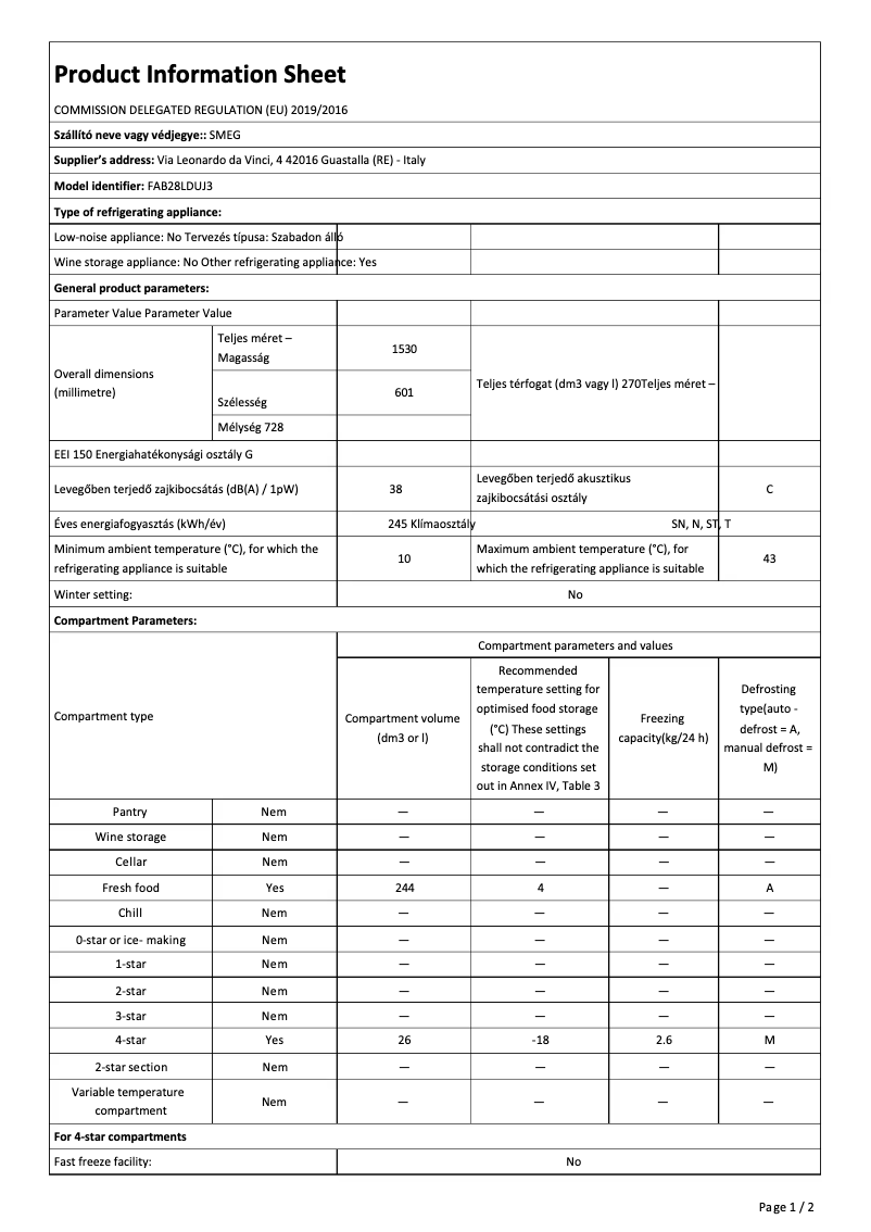 Page 1 of the manual Technical Sheet Smeg FAB28LDUJ3