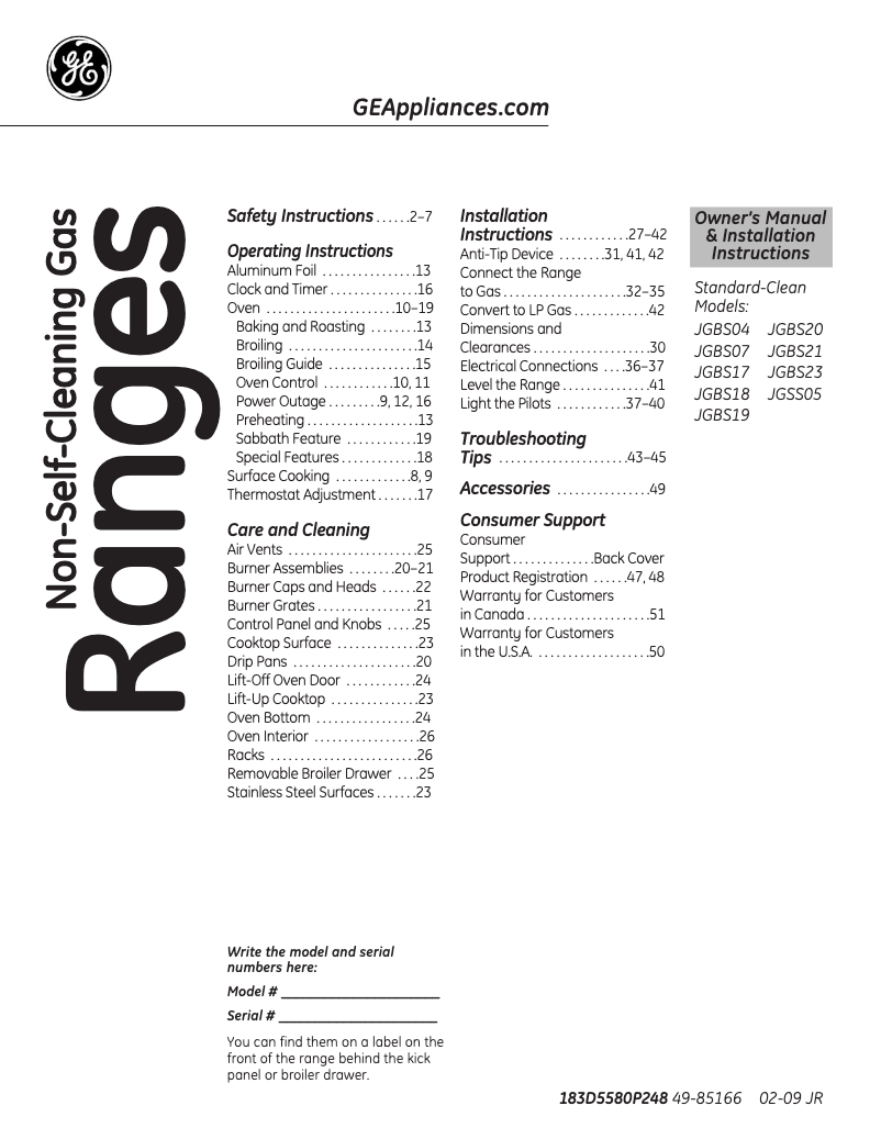 Page 1 of the manual Use and Maintenance Manual GE JGBS04PPTWW
